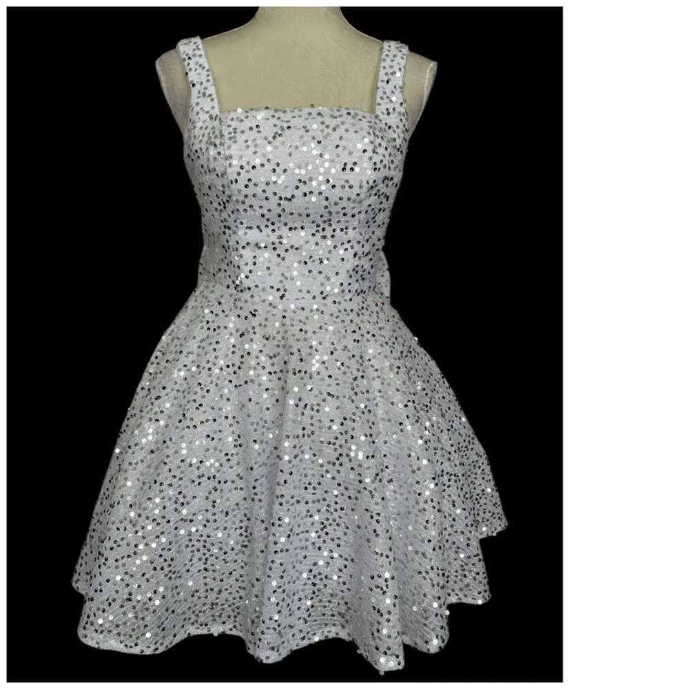 Sparkle Silver Sequined Prom Special Occasion Dress Women’s Size 2 Fit & Flare Blue - Image 3