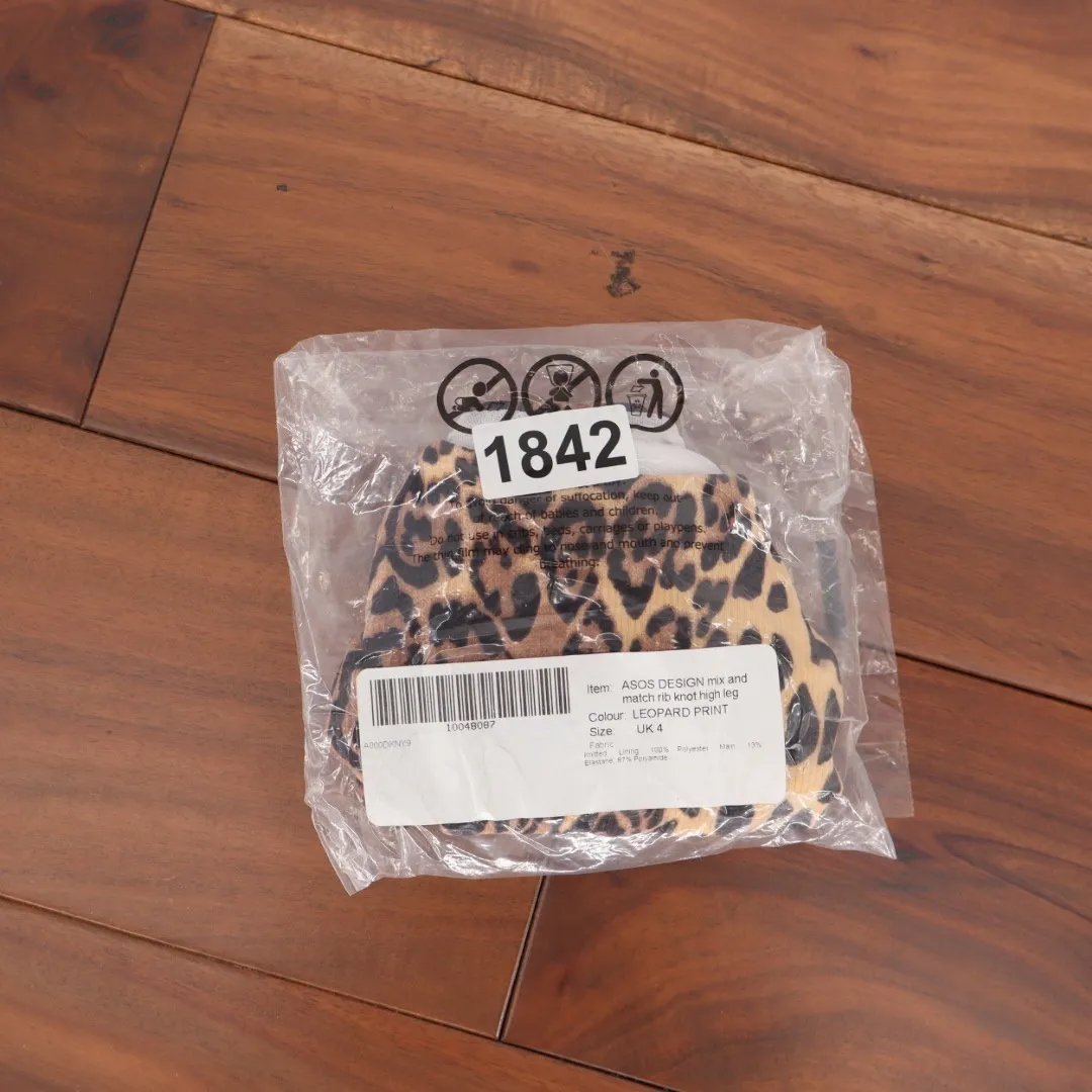 ASOS DESIGN Leopard Print Rib Knit High Leg Bikini Bottoms Size US 0 Brown - Image 7