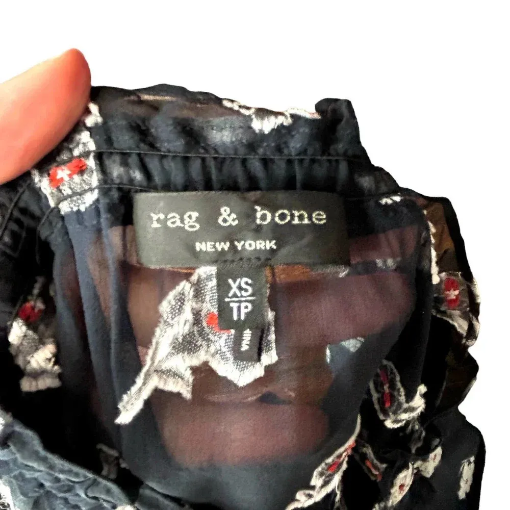 Rag and Bone Navy Blue Floral Print Tie Neck Long Sleeve Blouse Size‎ XS - Image 6