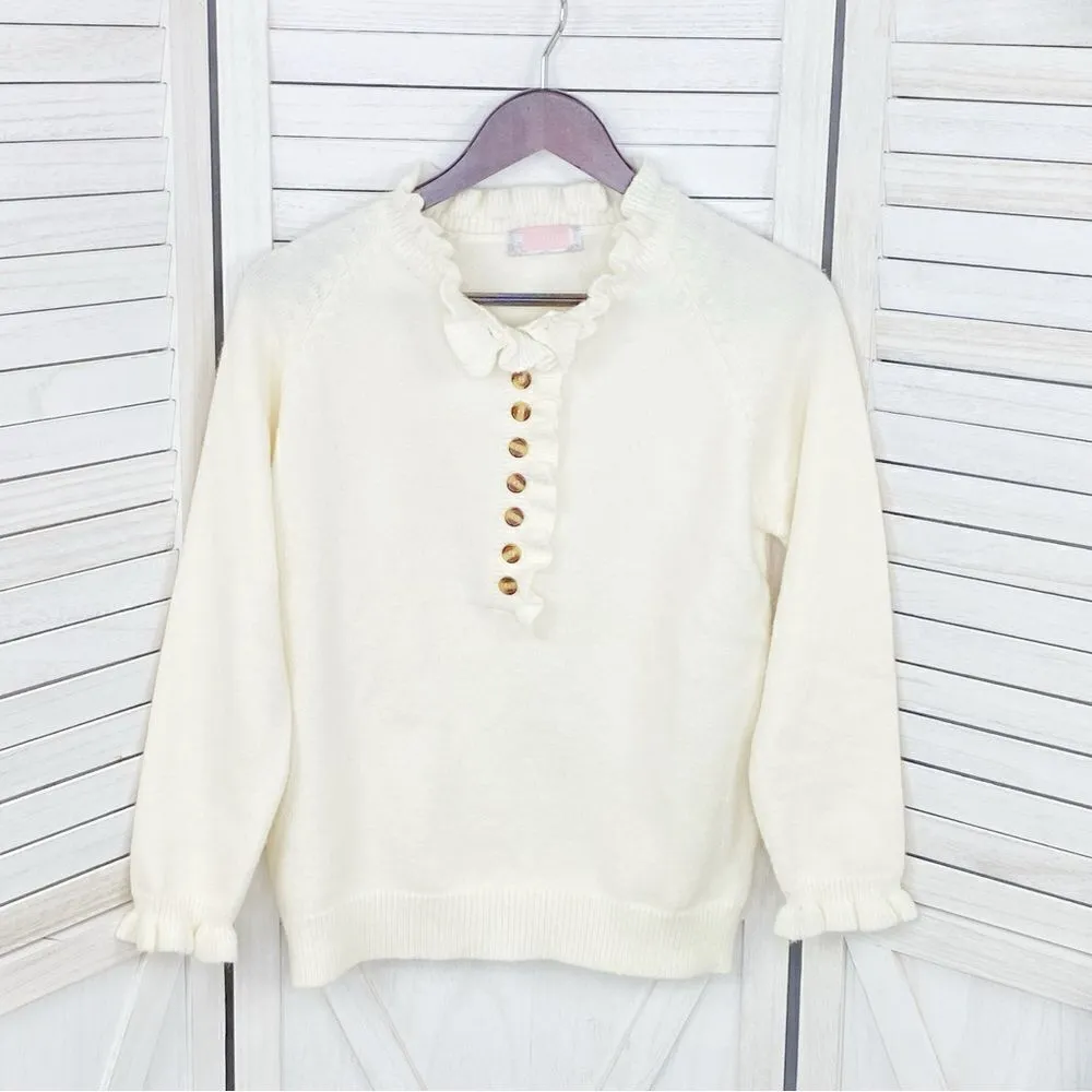 C+D+M Ruffle Trim Half Button Pullover Sweater Ivory Small Coquette Victorian White - Image 7