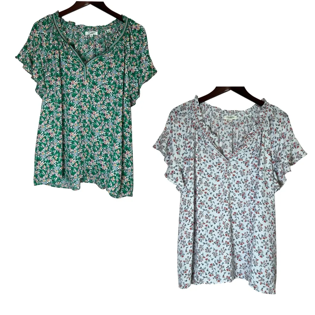 Lot of 2 MAX STUDIO Floral Flutter Sleeve Top Crepe Popover Plus Sz 1X Preppy - Image 2