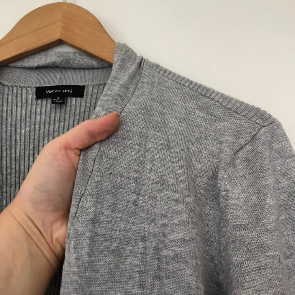 VERVE AMI Solid Gray Long Sleeve Open Front Rayon Classic Long Cardigan Sweater - Image 8