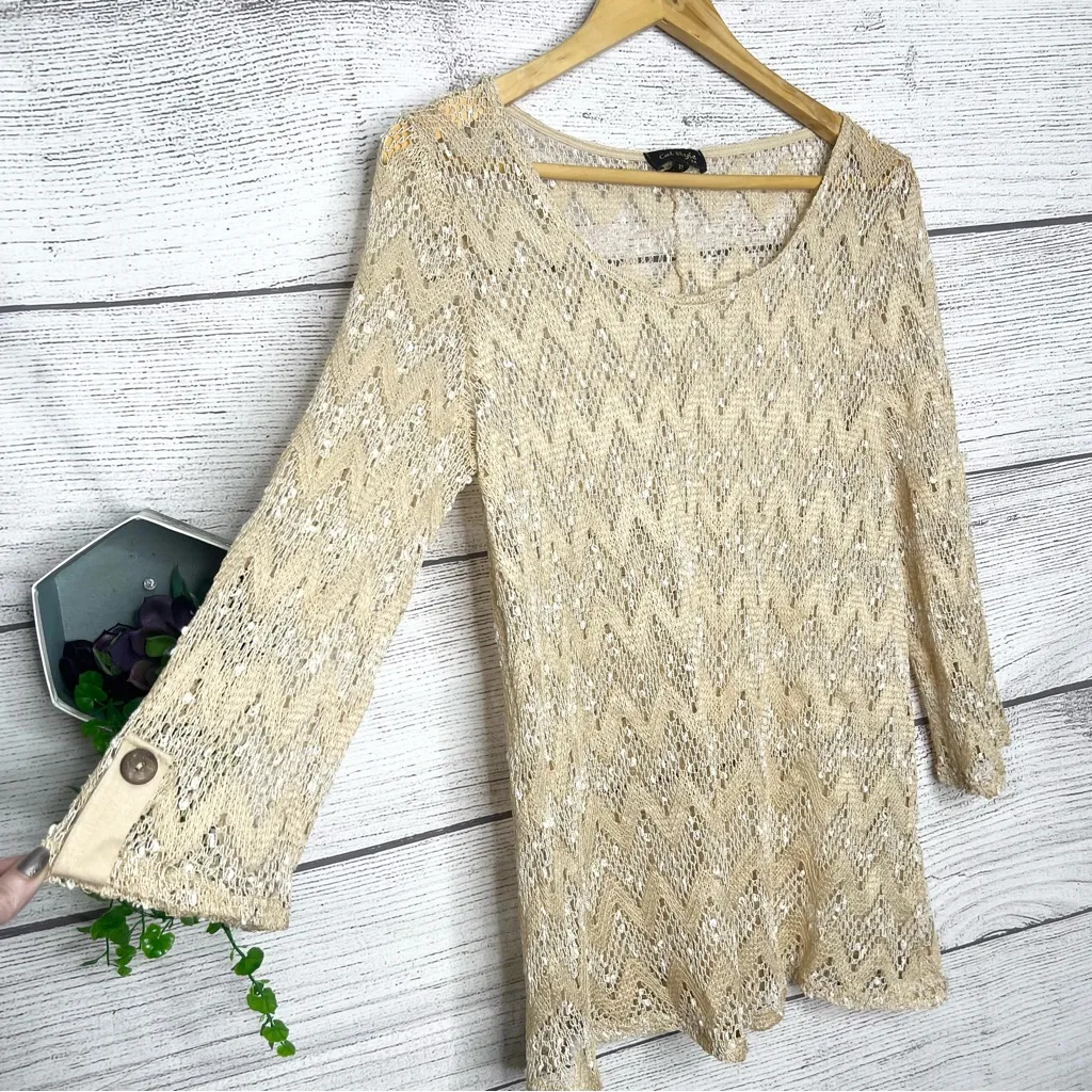 Cal Style Sheer Beige Knit Bohemian Long Sleeve Blouse Tunic Top Size XL Neutral Tan - Image 2