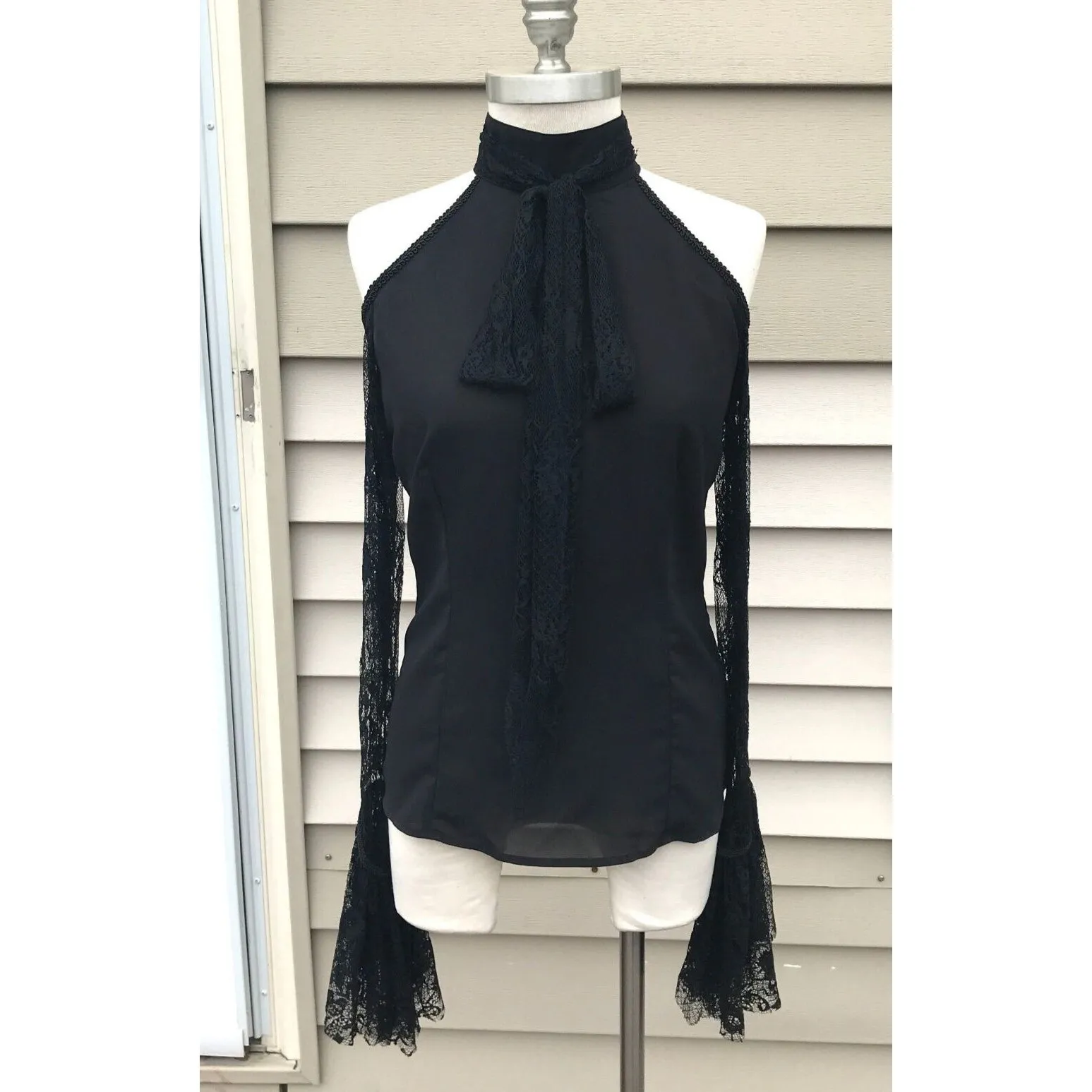 Vintage Lip Service Gothic Lolita Victorian Chiffon & Lace Open Shoulder Top M - Image 2