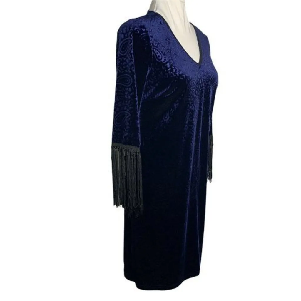 Spense Burnout Velvet Shift Dress 8 Blue Burnout Half Sleeve Fringe Goth - Image 6