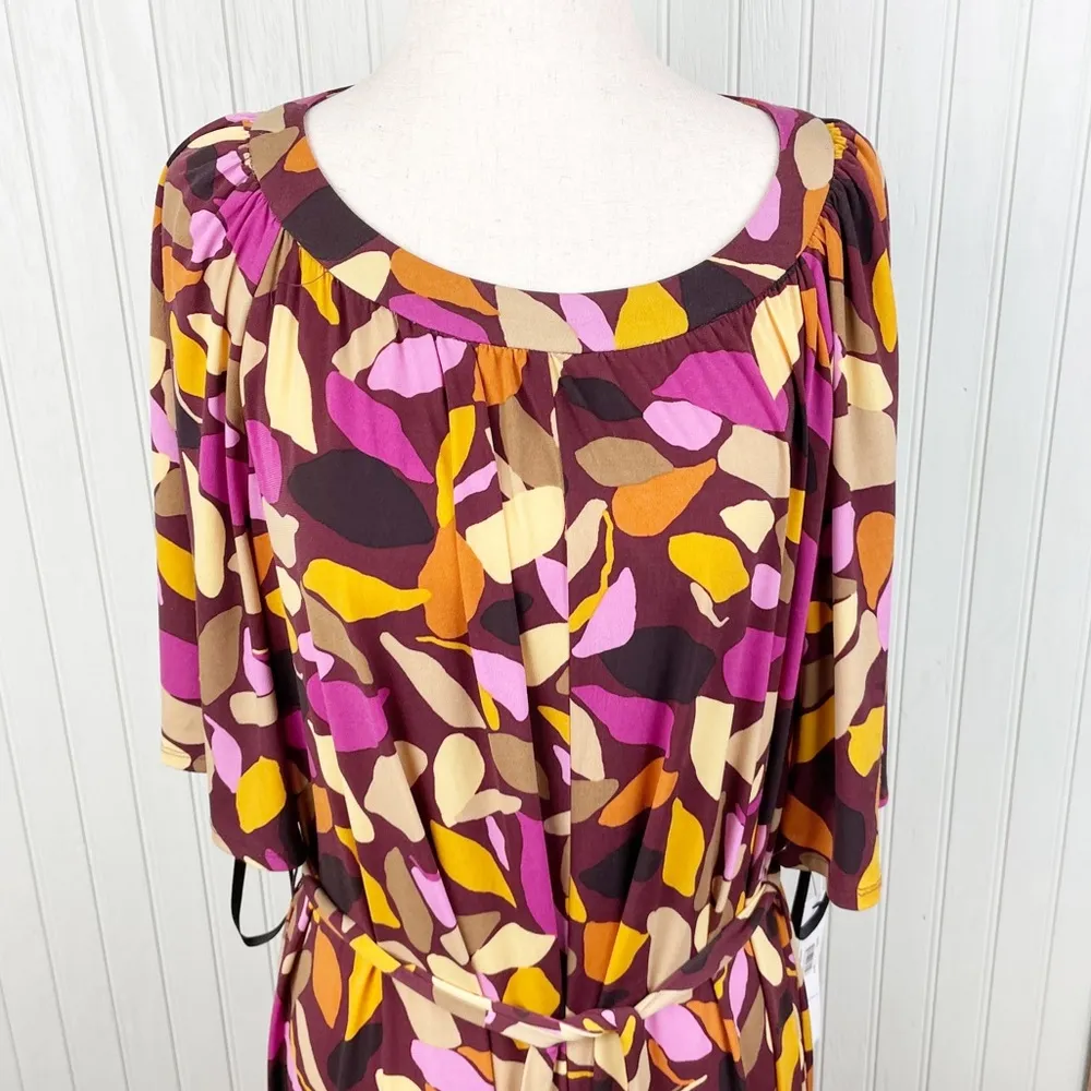 NEW Maggy London Women's Bell Sleeve Shirred Tent Dress Maroon Gold US Size 14 - Image 6