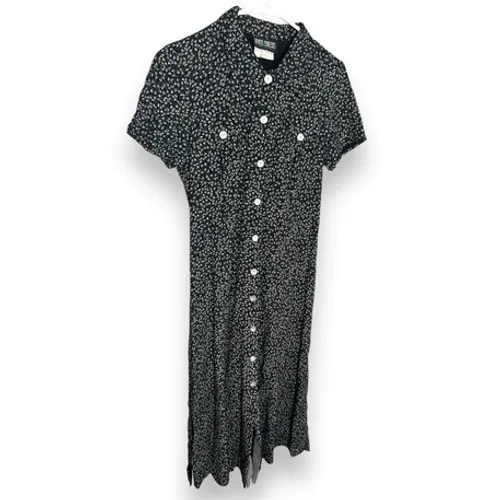 90s Vintage Byer California Womens sz 7 Black Floral Collared Button Midi Dress Size M - Image 4