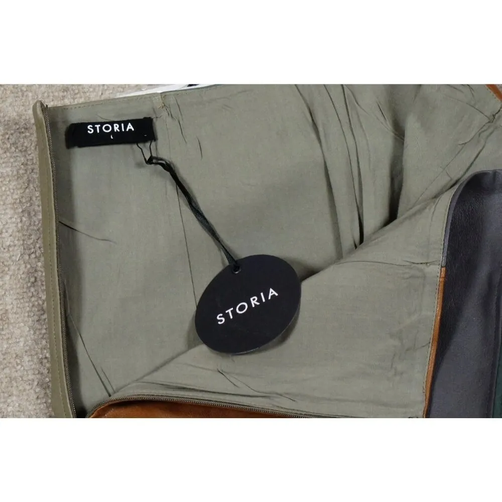 STORIA Color Block Faux Leather Skirt Olive/Camel Size LARGE - Image 6