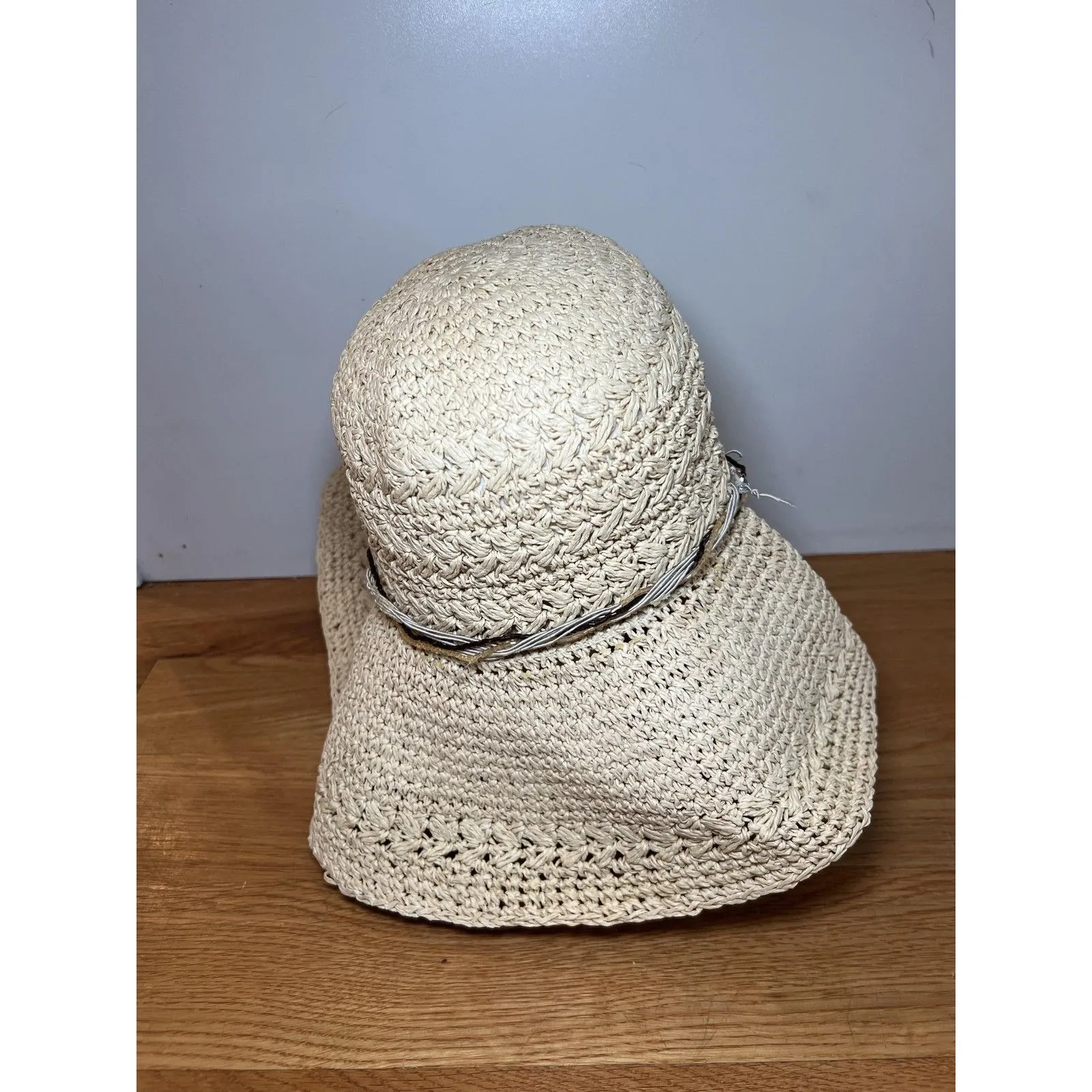 Wide Brim Straw Hat Sun Fitted Womens One Size Beige Floppy Beach Travel Summer - Image 2
