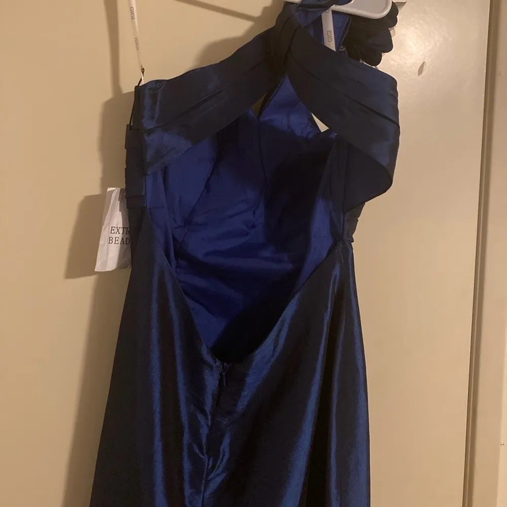 Thumbnail Filmstrip of GiGi Navy One Shoulder Prom Dress with Flower by La Femme - Image 5