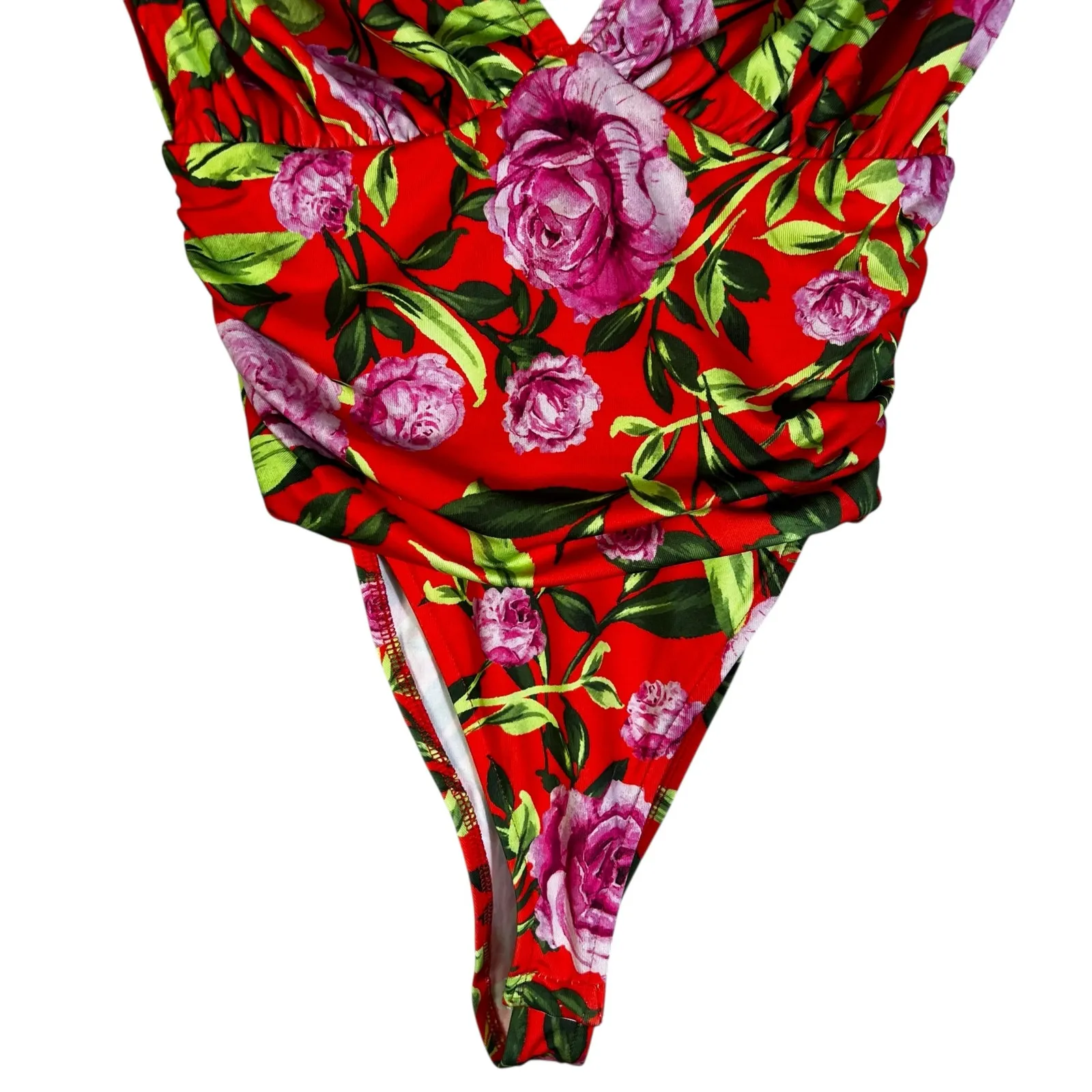 NWT Zara Bodysuit Womens S Red Floral Plunging V-Neck Ruched Stretch Tropical - Image 3