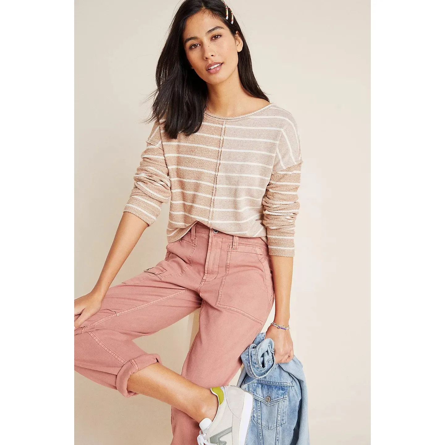 Anthropologie Womens Sweatshirt Size‎ XS Devin Textured Striped Tan Cream - Image 4