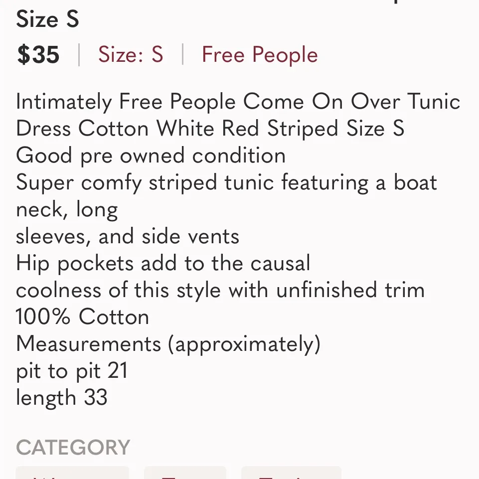 Intimately Free People Come On Over Tunic Dress Cotton White Red Striped Size S - Image 2