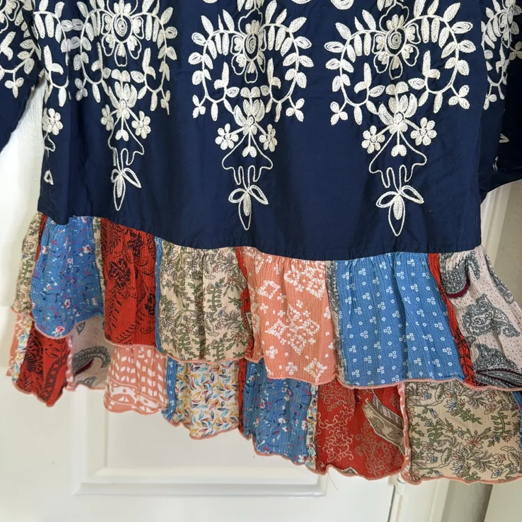 Embroidered ruffle tiered crochet patchwork blouse - Image 5