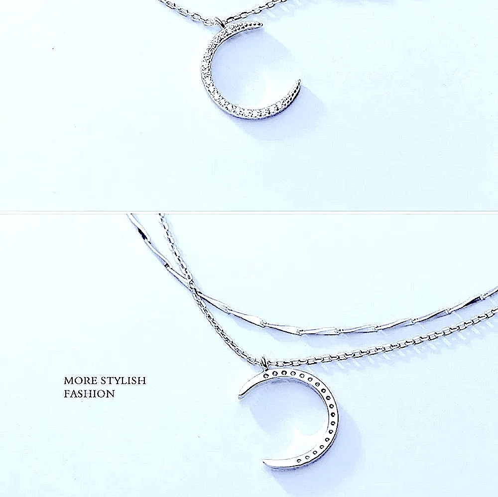 Sparkly Multilayer Moon Necklace, 16-18”‎ | White Gold Over 925 Sterling Silver - Image 13