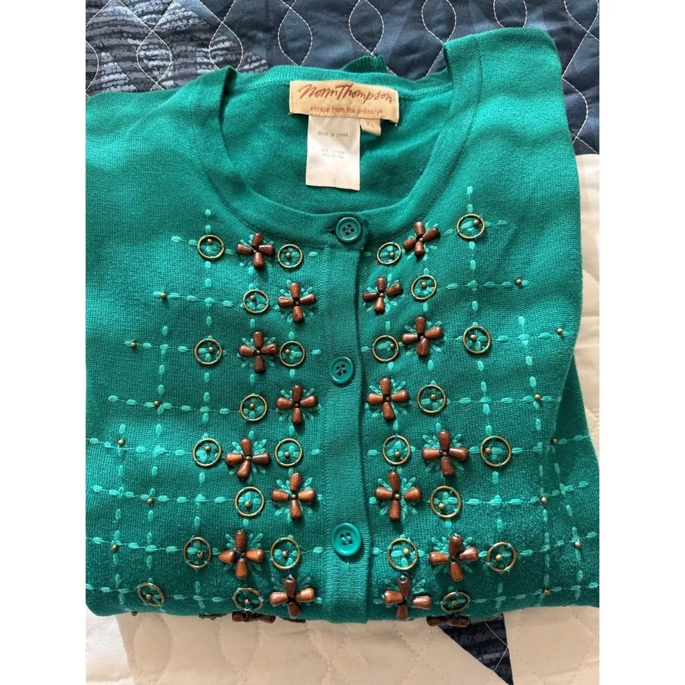 Norm Thompson Turquoise Floral Embroidered Button‎ Down Cardigan XL Green - Image 4