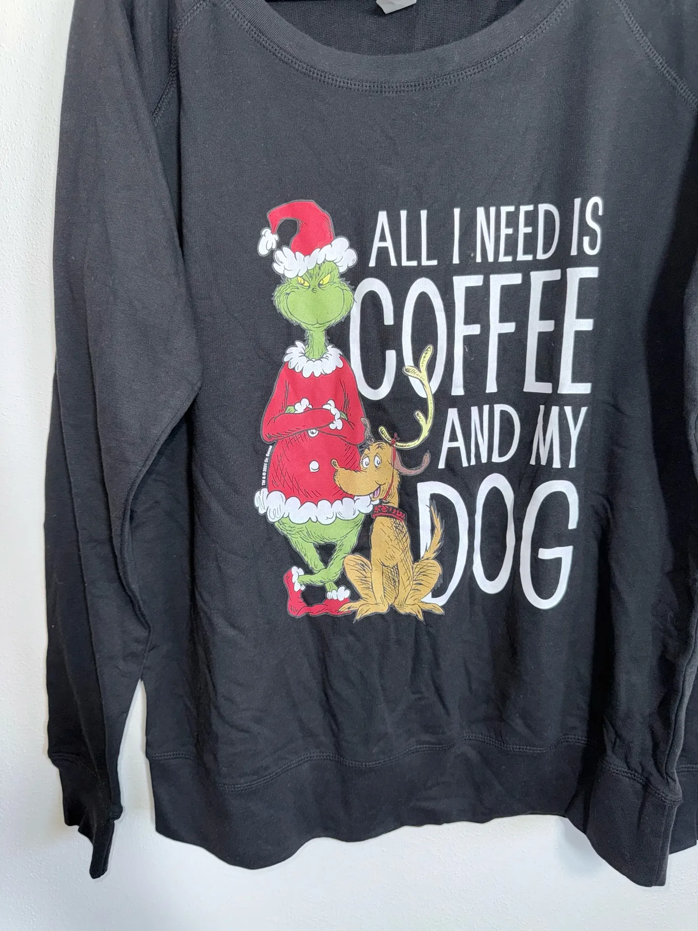 The Grinch Coffee and Dog Graphic Top Black Long Sleeve Christmas - Image 4