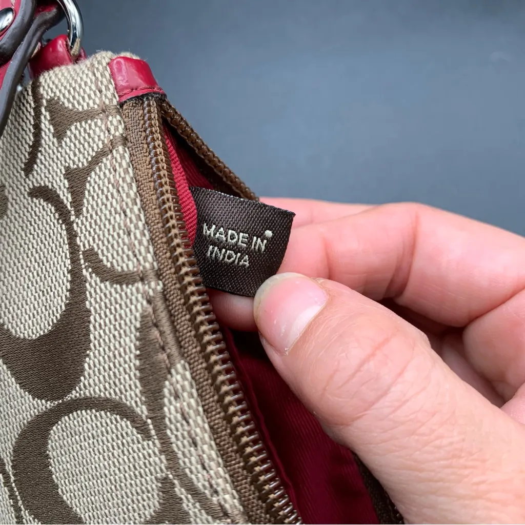 Coach Khaki Red Signature Canvas Wristlet Wallet Zip Top 6x4” - Image 9