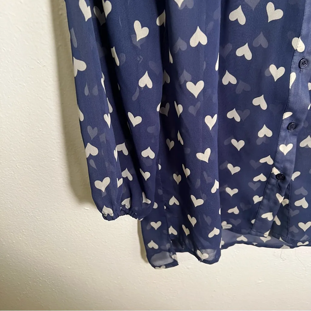 Collective Concepts Button Down Blouse Blue White Hearts S - Image 5