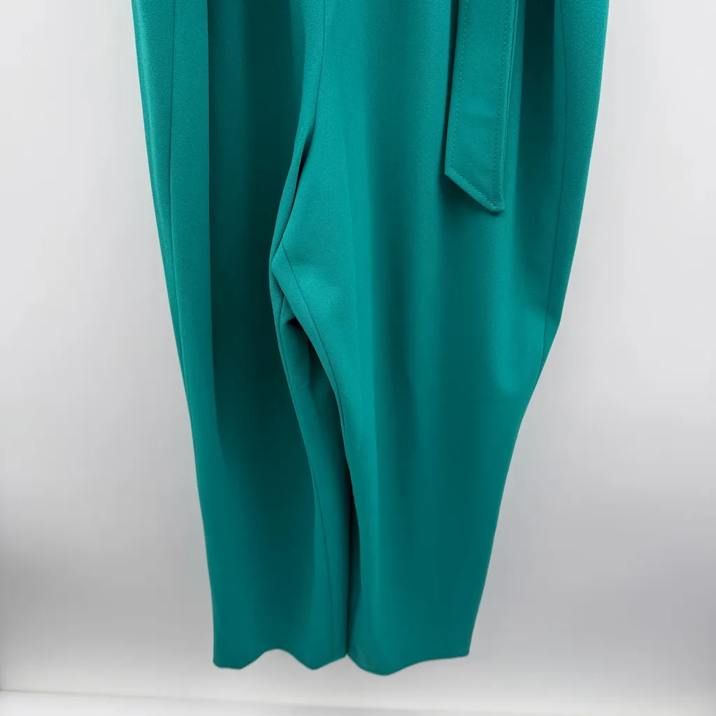 Calvin Klein Short Tulip Sleeve Tie‎ Waist Cropped Jumpsuit in Teal Blue Green - Image 3