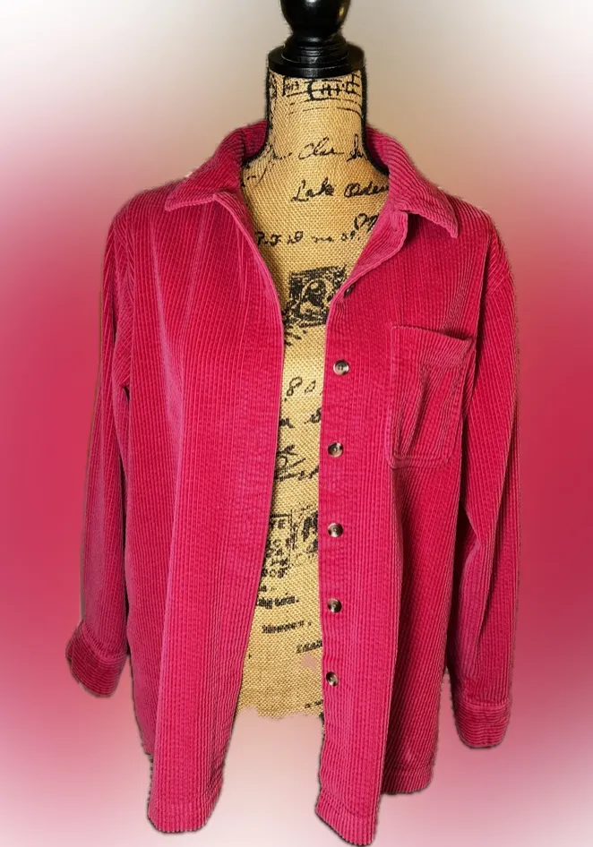 L.L Bean Bold Hot Pink Corduroy Button Down Cozy Chore Overshirt Shacket Shirt M Size M - Image 1