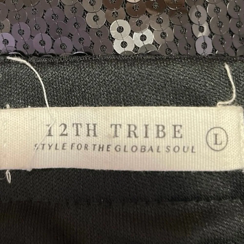 12th Tribe Black Sequin Feather Darling Novelty High Waist Pencil Mini Skirt L - Image 5