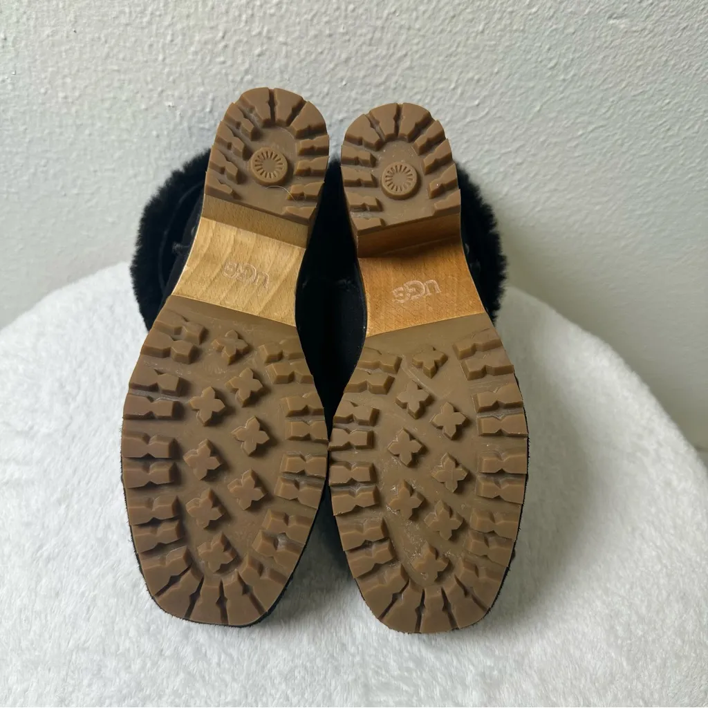 UGG Thebes Black Suede Clog Wooden Bootie Mules with Faux Fur Trim - Image 10