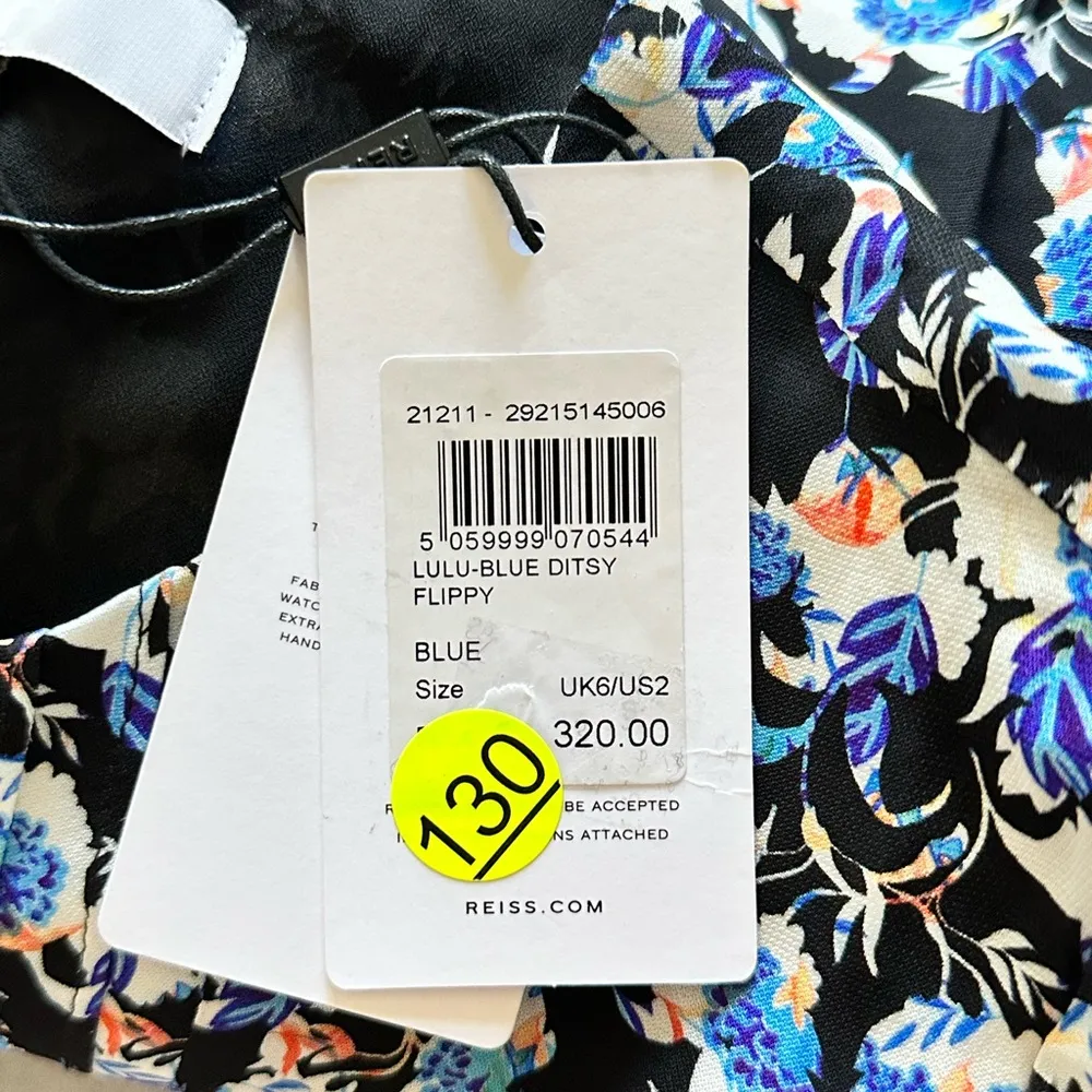 Reiss NWT Reiss Lulu Ditsy Flippy Dress, Blue, Floral Blue and Black Sz 2 - Image 6