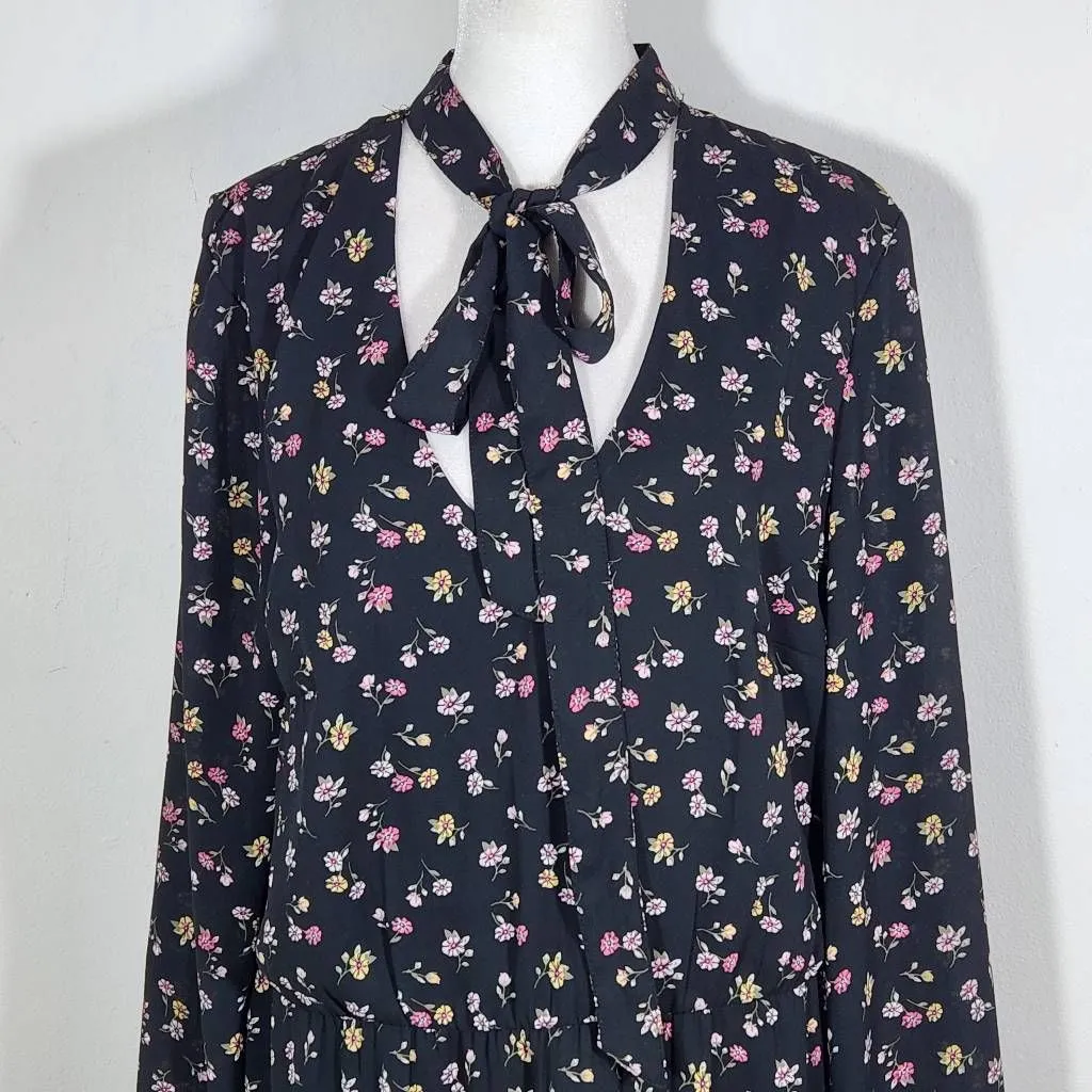 H&M Divided Black Floral Mini Dress with Neck Tie Size 14 Wedding Guest Dress - Image 2