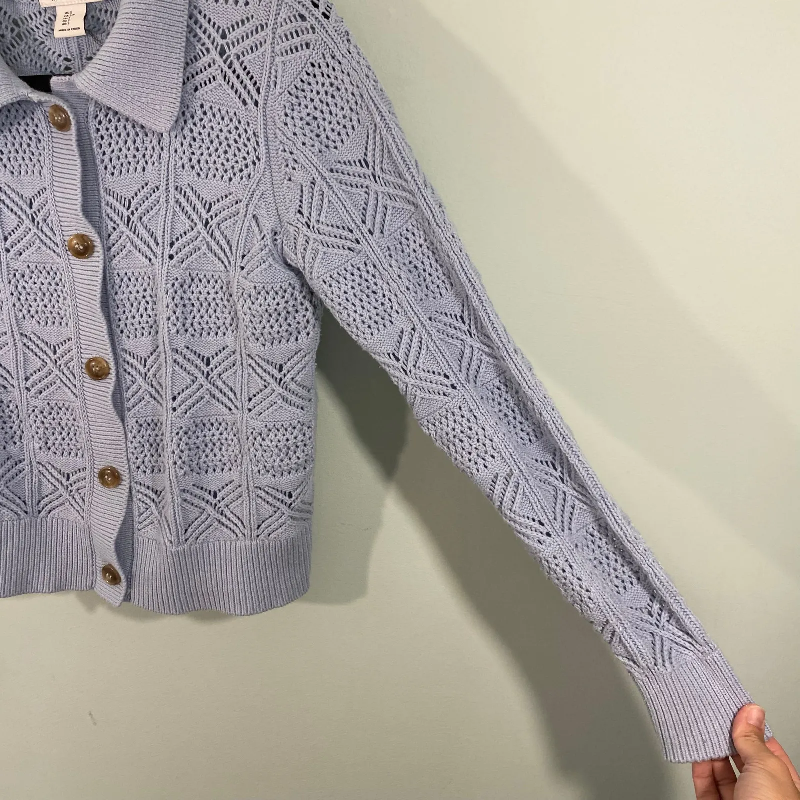 Rachel Zoe Women Blue Eyelet Knit Long Sleeve Collared Button Up Cardigan Size S - Image 6