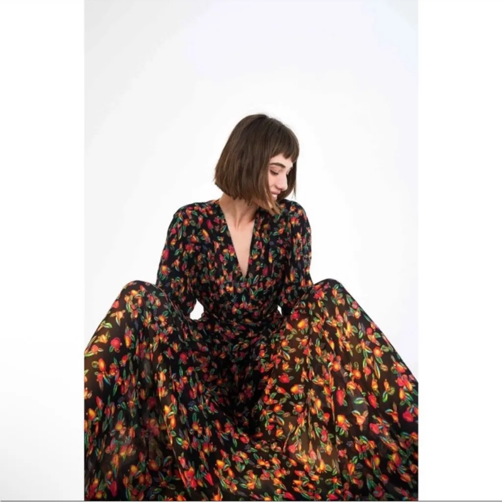 Farm Rio Anthropologie Black Multicolor Floral Cashew Print Wrap Maxi Dress XS - Image 2