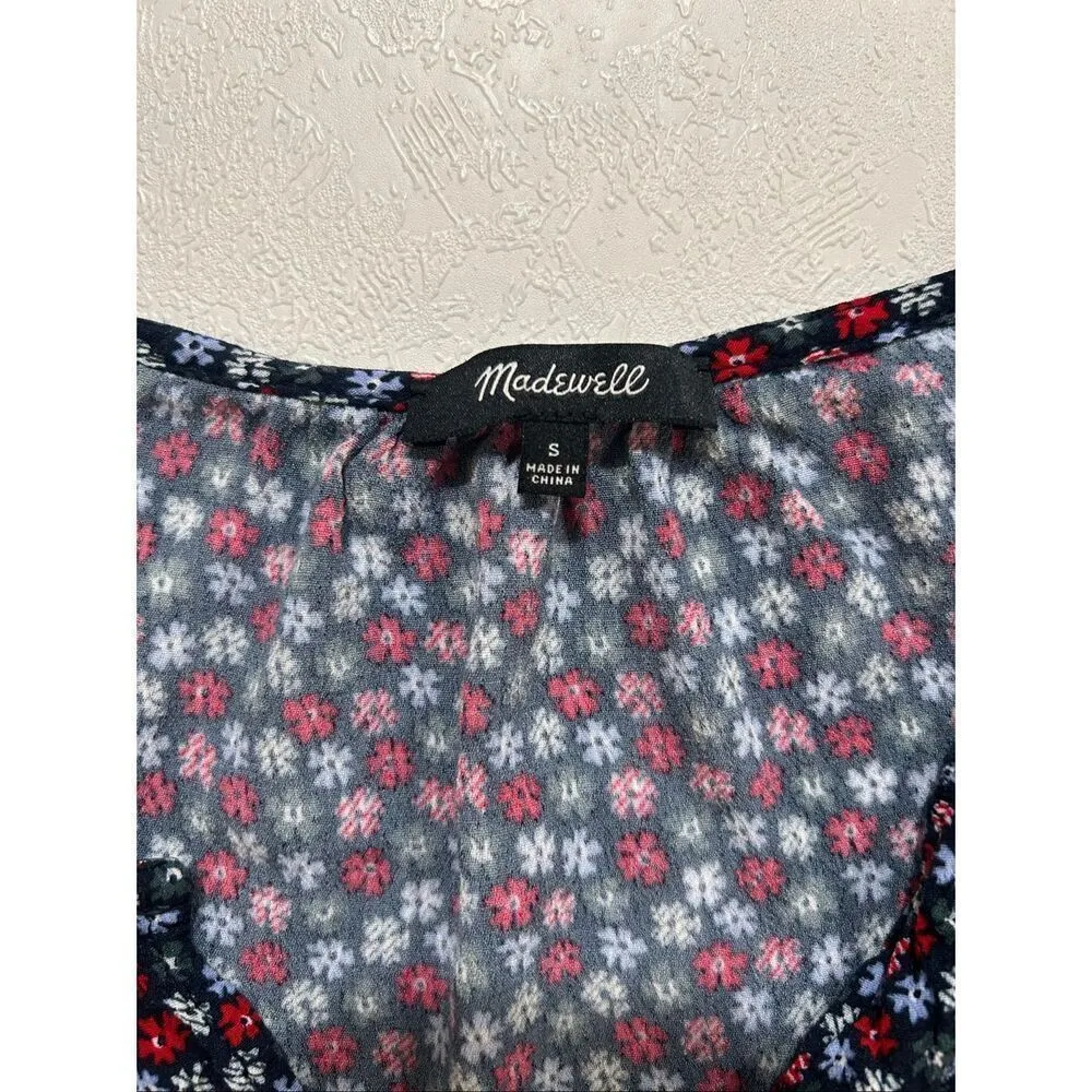 Madewell Women’s Small Black Red Floral Peplum Short Sleeve Ruffle Hem Blouse - Image 3