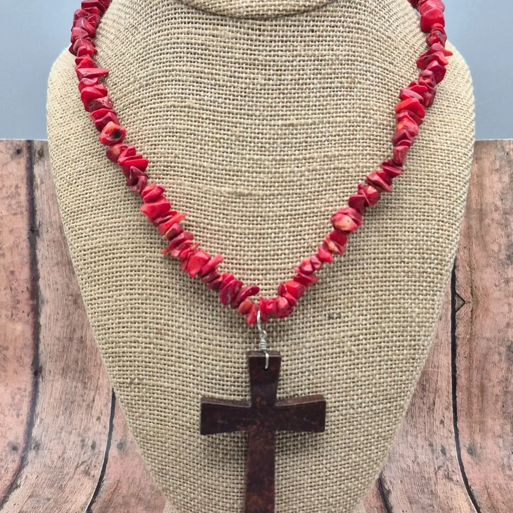 Artisan Red Chip Stone Pendant Necklace Large Jasper Stone Cross Whimsey Goth We - Image 4