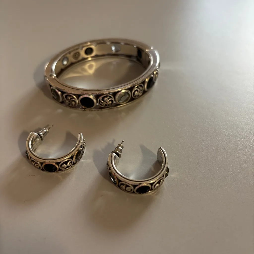 BRIGHTON Vintage Hinged Silver Bangle Matching Rhinestone Earring Set Art Deco - Image 7