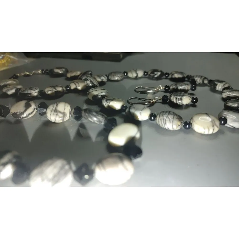 Spider Web Jasper Tourmaline Jewelry Set Black White Beaded Necklace Bracelet an - Image 10