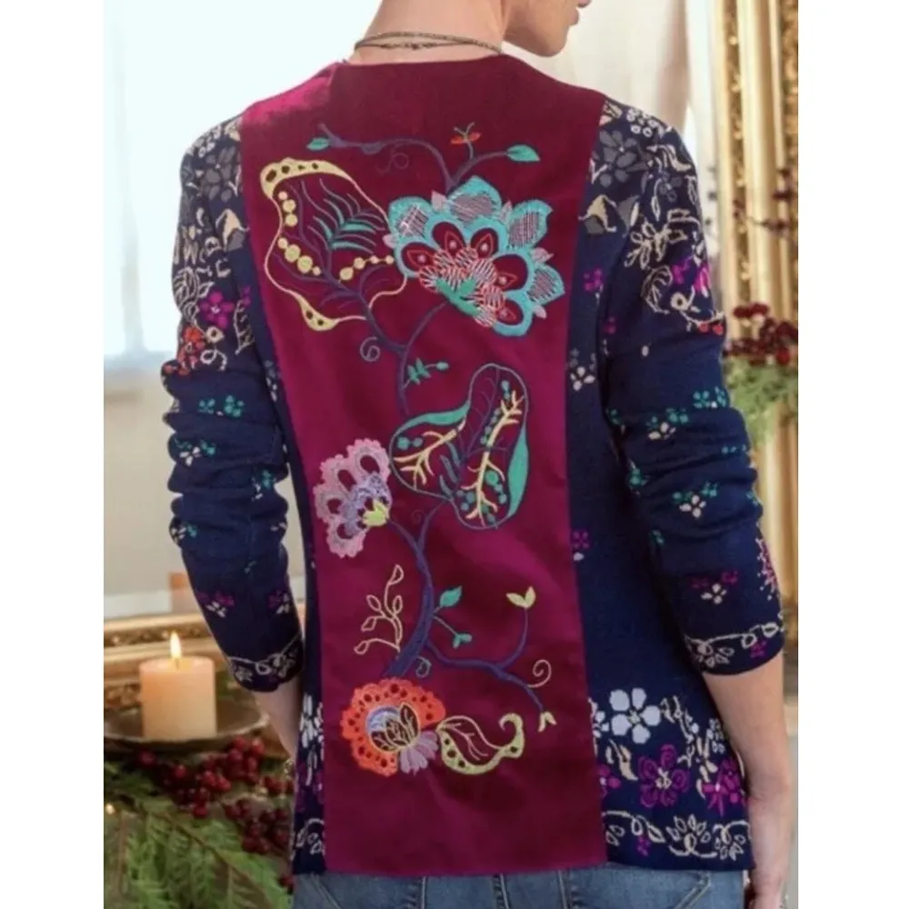 IVKO Intarsia Velvet Snap Front Cardigan Blue Size 12 - Image 9