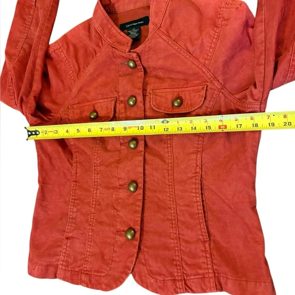Calvin Klein Red Orange Corduroy Button Up Jacket Gold Design Women’s Large - Image 16
