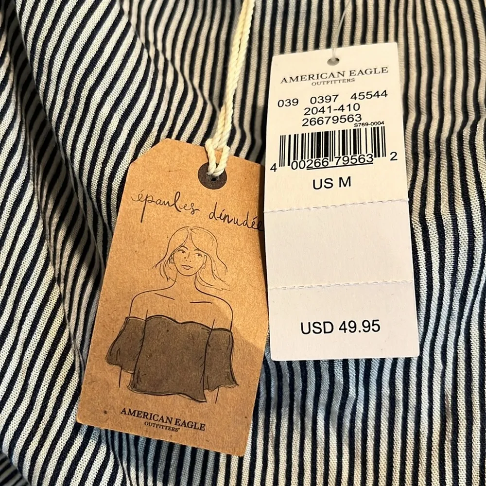 American Eagle  | NWT Black & White Striped Off The Shoulder Romper Size Medium - Image 5