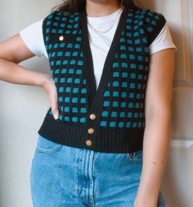 VINTAGE SWEATER VEST CHECKERED BUTTON Blue Size L - Image 4