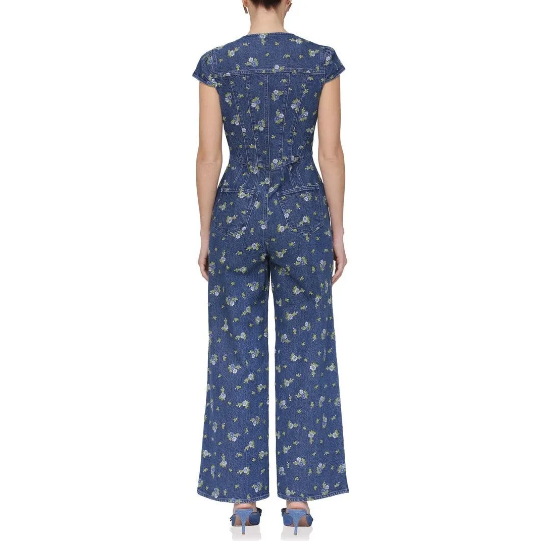 New!‎ Avec Les Filles Floral Cap Sleeve Wide Leg Denim Jumpsuit Floral Sz 8 $249 - Image 2
