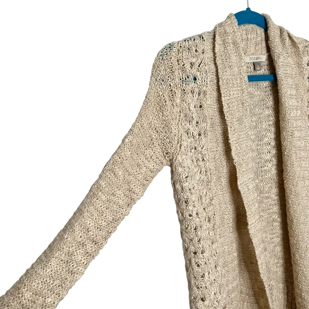 Roz & Ali Oatmeal Tan Chunky Knit Open Front Cardigan Sweater - Image 2