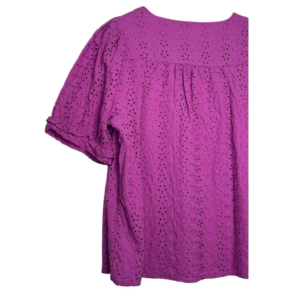 Draper James Top Womens L Eyelet V Neck Short Bubble Sleeve Embroidered Purple - Image 4