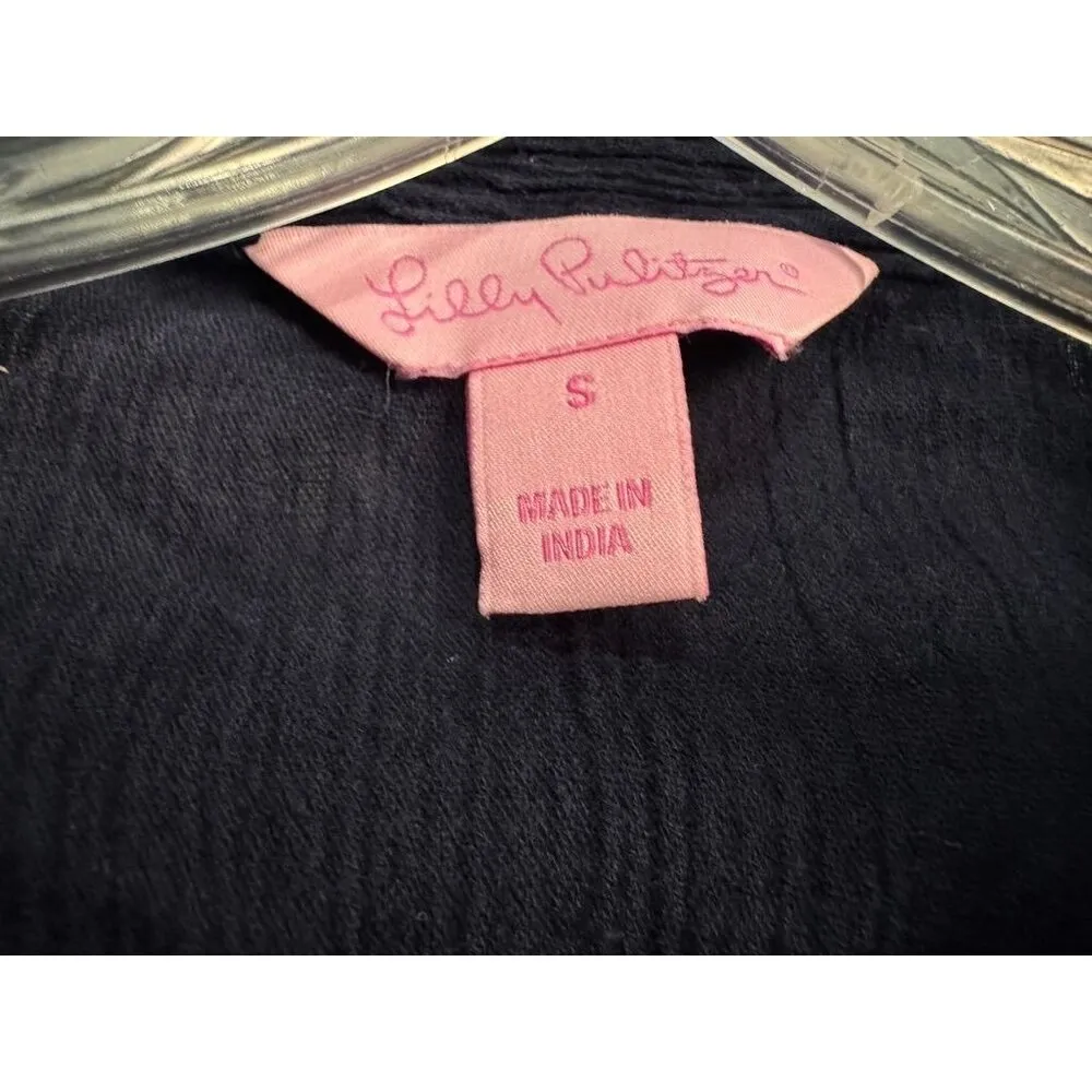 Lilly Pulitzer Freya Crochet Tunic Top Navy Blue Gauze V-Neck Floral Women's S - Image 5