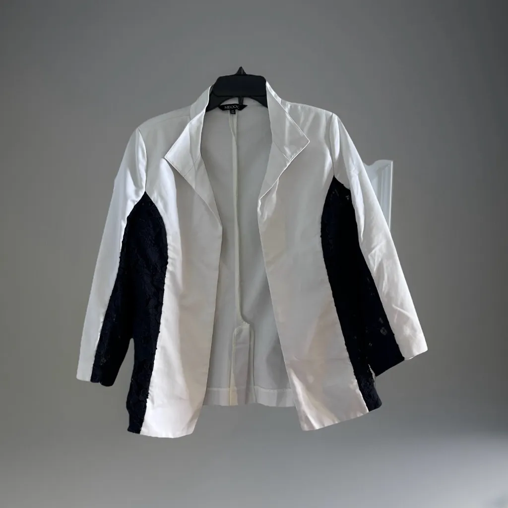 Misook Blazer Women‎ Medium White Black Croquet Sheer Knit Padded Career - Image 3