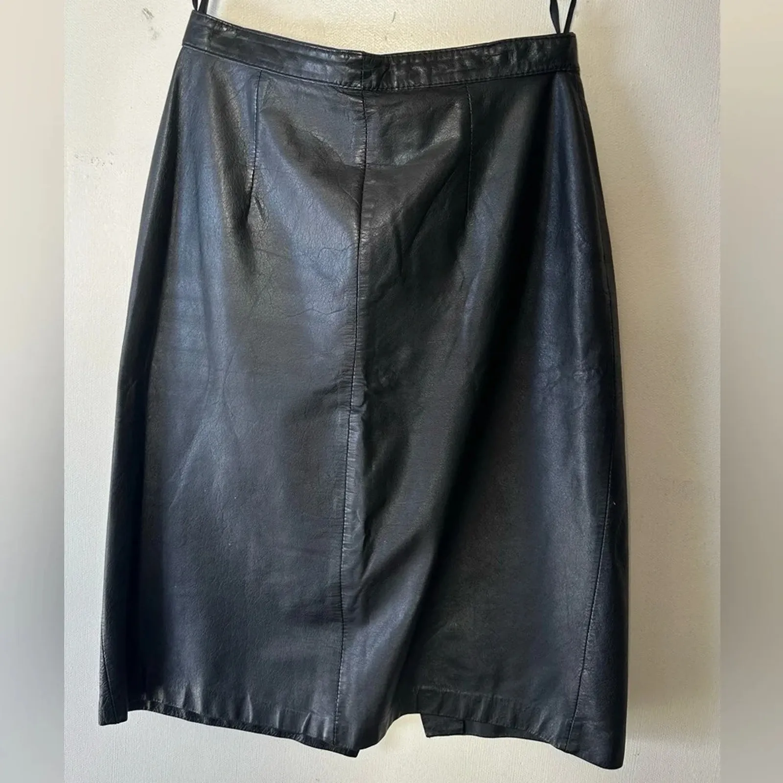 Vintage 80s Brass Plum Nordstrom Black Genuine Leather Pencil Skirt Knee M Size 6 - Image 2