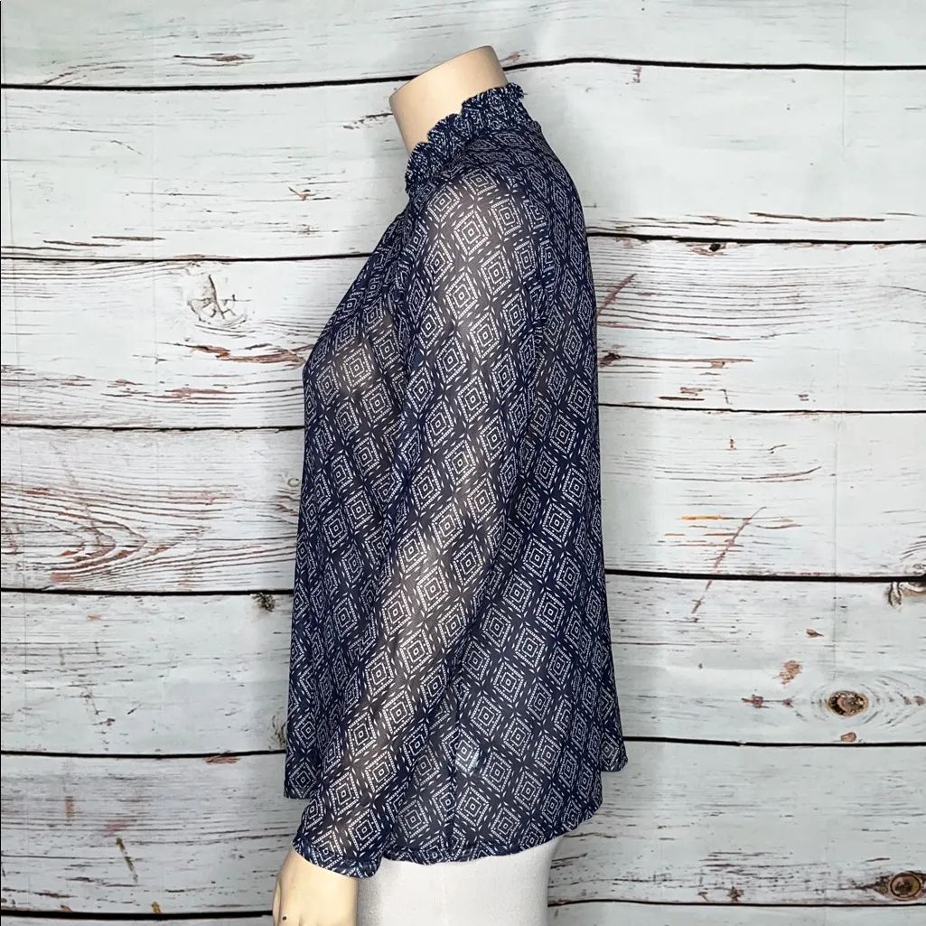 Lane Bryant Size 14/16 Blue & White Geometric Print Turtleneck Mesh Blouse Top - Image 2