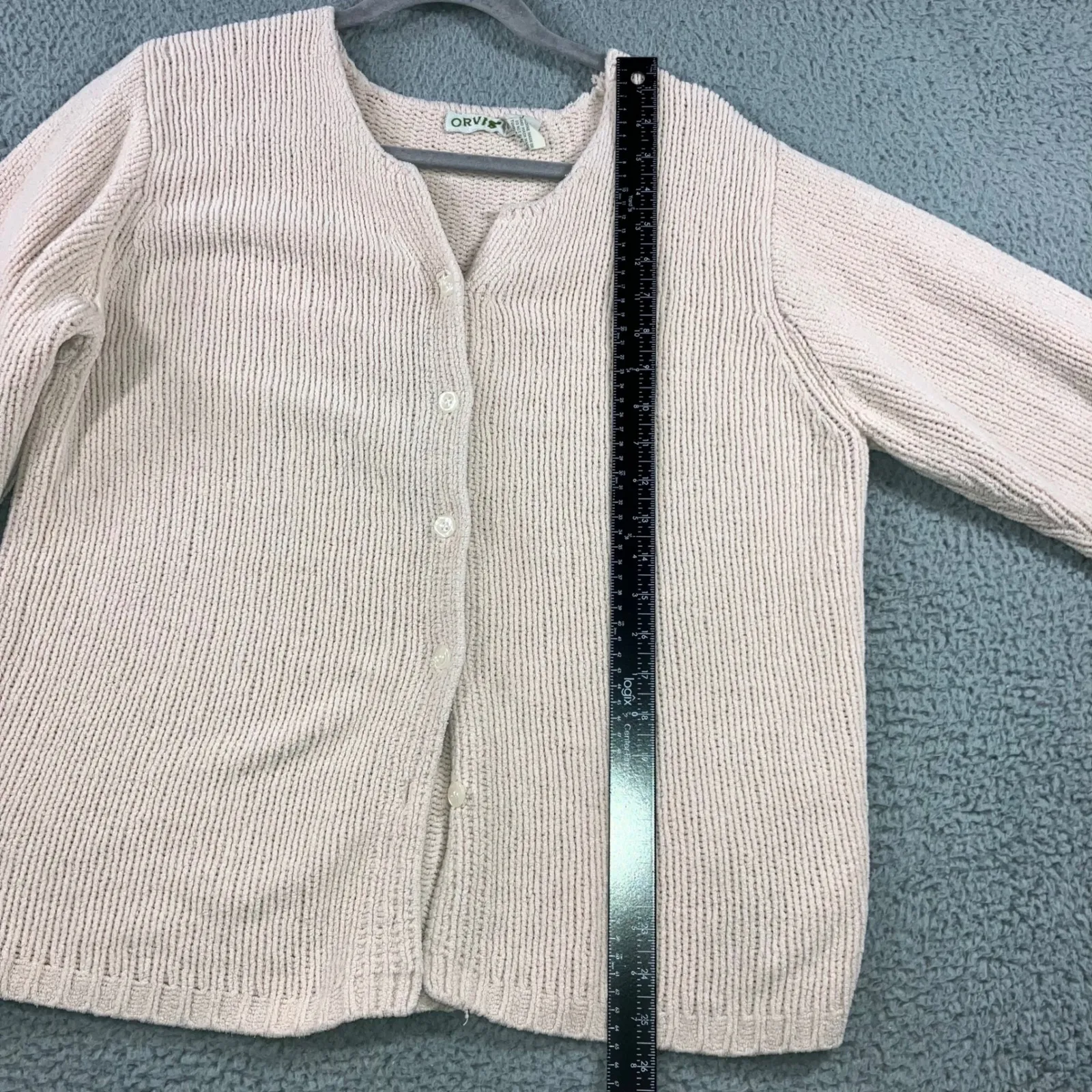 ORVIS Cardigan Women Large Pink Button Front Grandma Sweater 90s Retro Flaw - Image 5