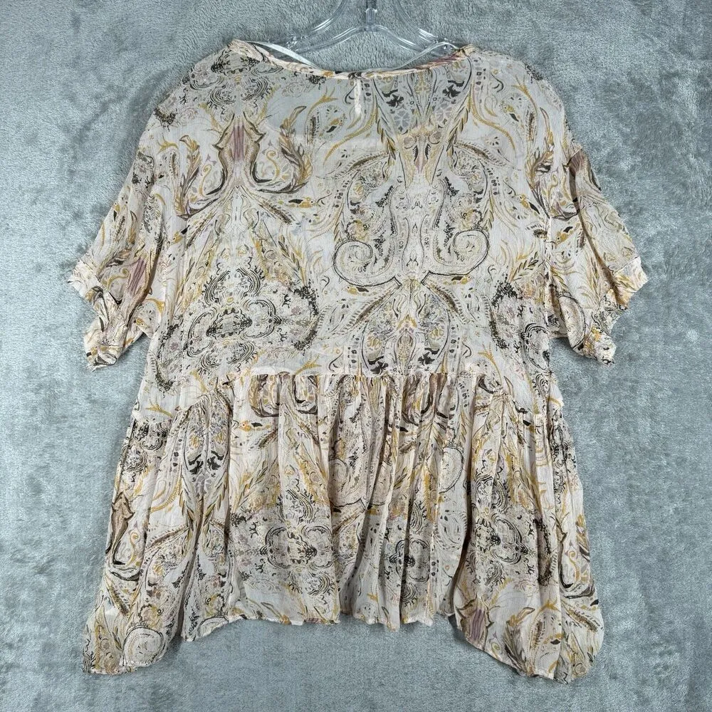 Free People Shirt Women Medium Cream Tan Paisley Say You Will Sheer Babydoll Y2K - Image 3