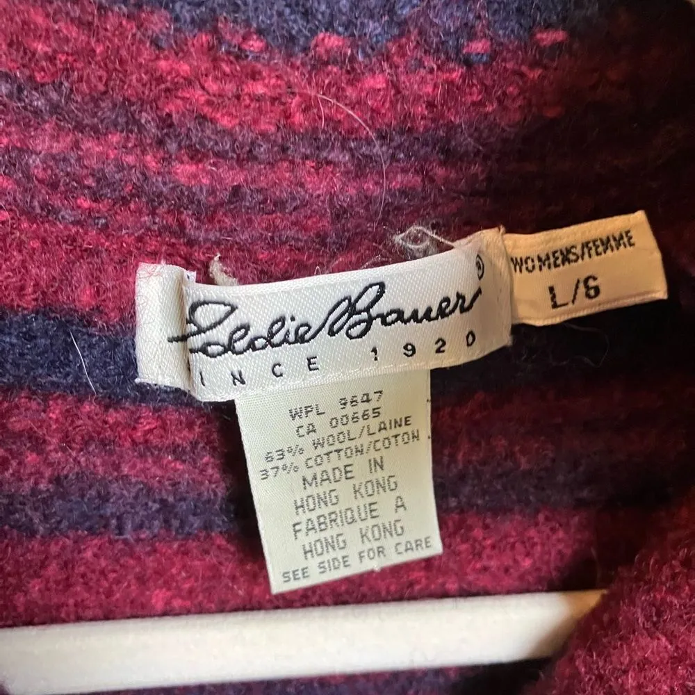 Vintage Eddie Bauer Wool Cardigan Sweater Maroon Navy Striped Collared Large - Image 3