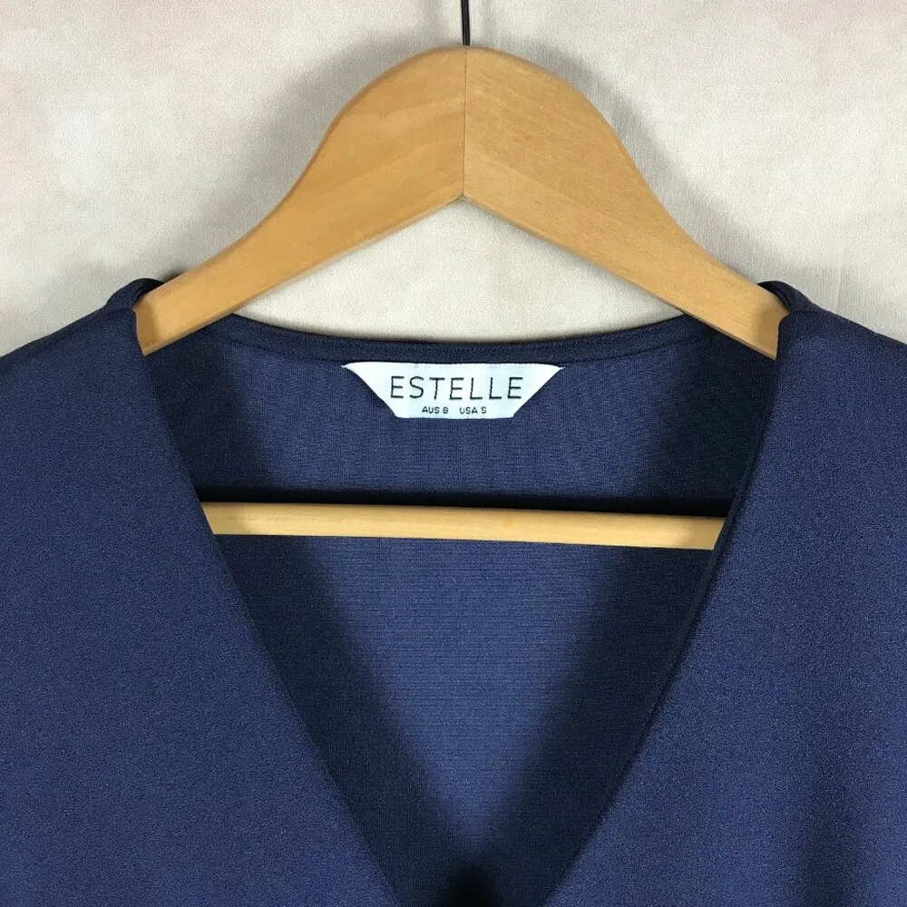 ESTELLE Indigo Structured Crepe Faux Wrap Sheath Dress SMALL - Image 5